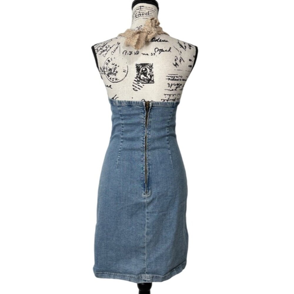Wayne Rogers Denim Crochet Halter Dress Y2K Womens Size M - Picture 3 of 7
